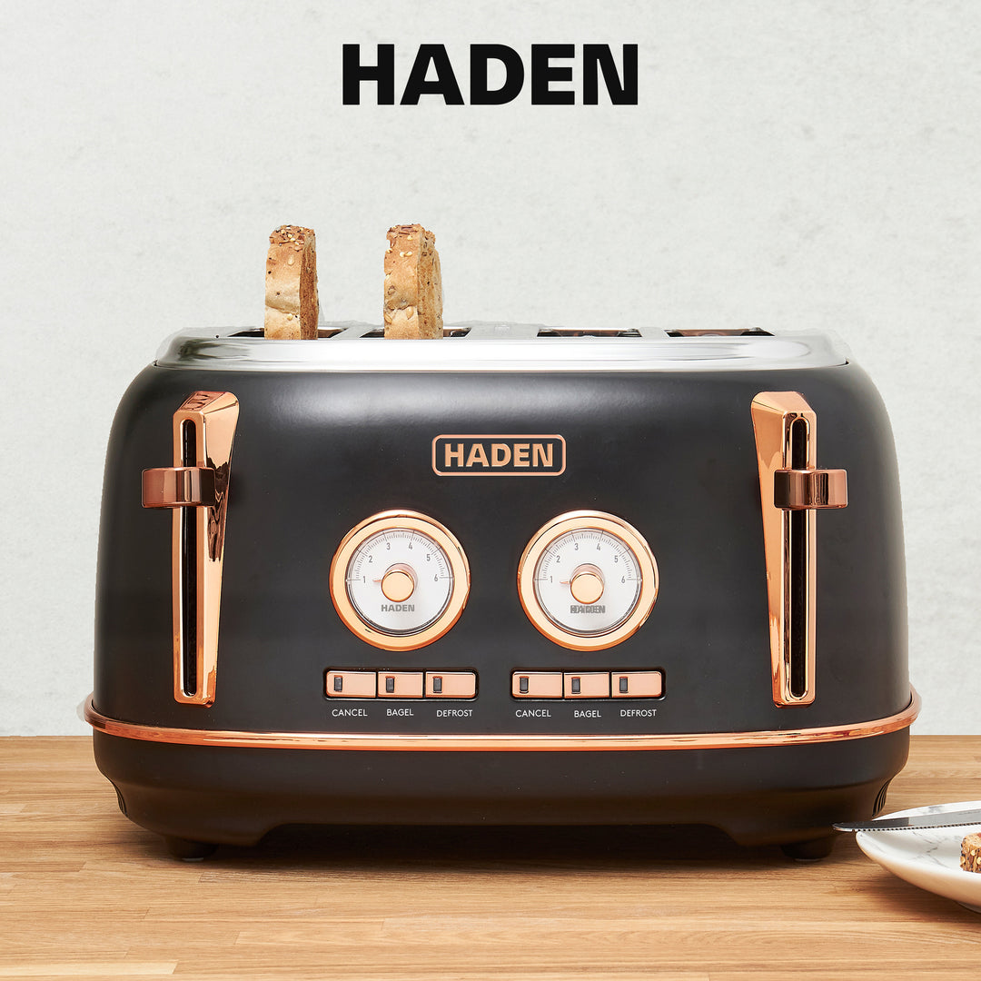 Haden Dorset Electric Water Kettle & 4 Slice Wide Slot Toaster, Black & Copper - VMInnovations