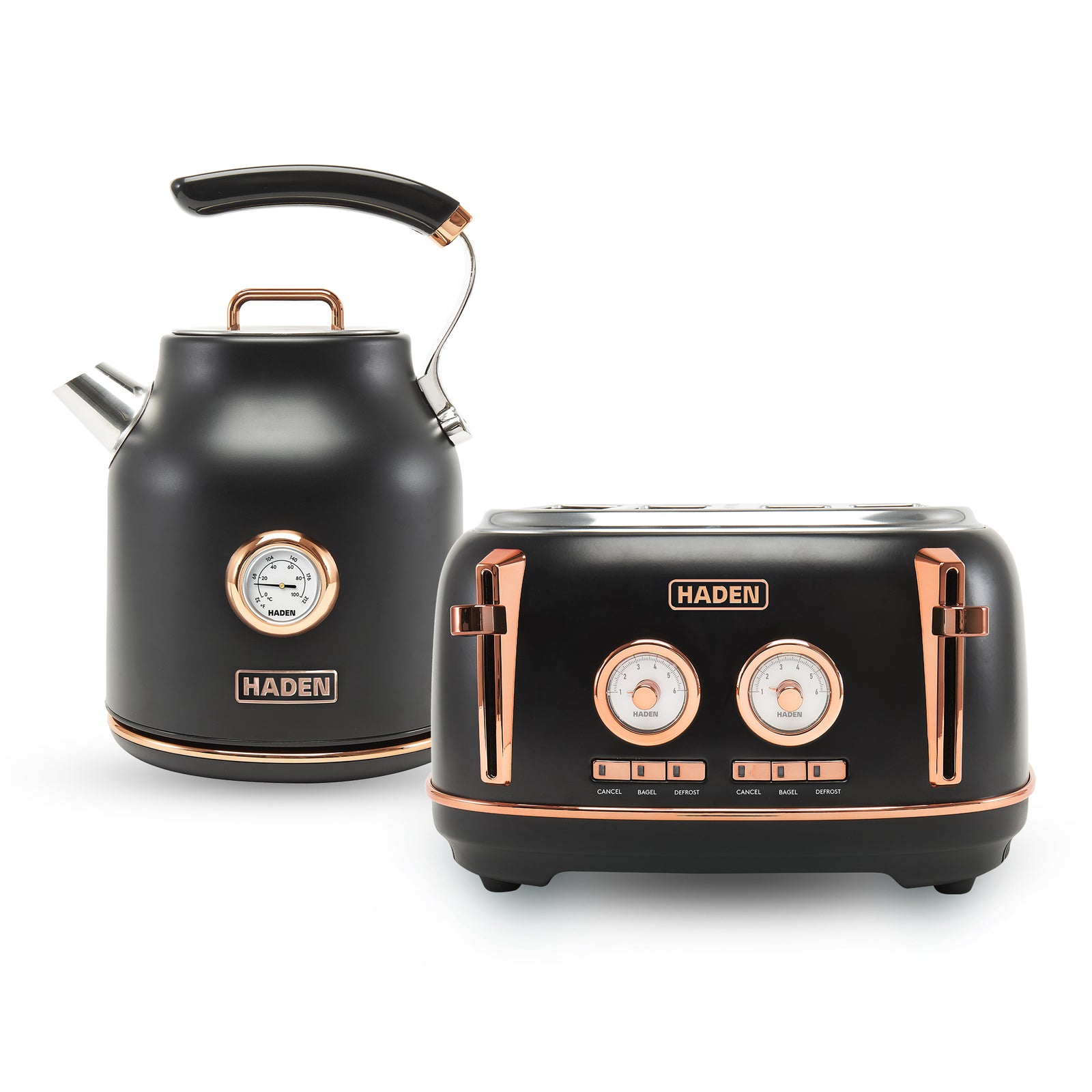 Haden Dorset Electric Water Kettle & 4 Slice Wide Slot Toaster, Black & Copper - VMInnovations