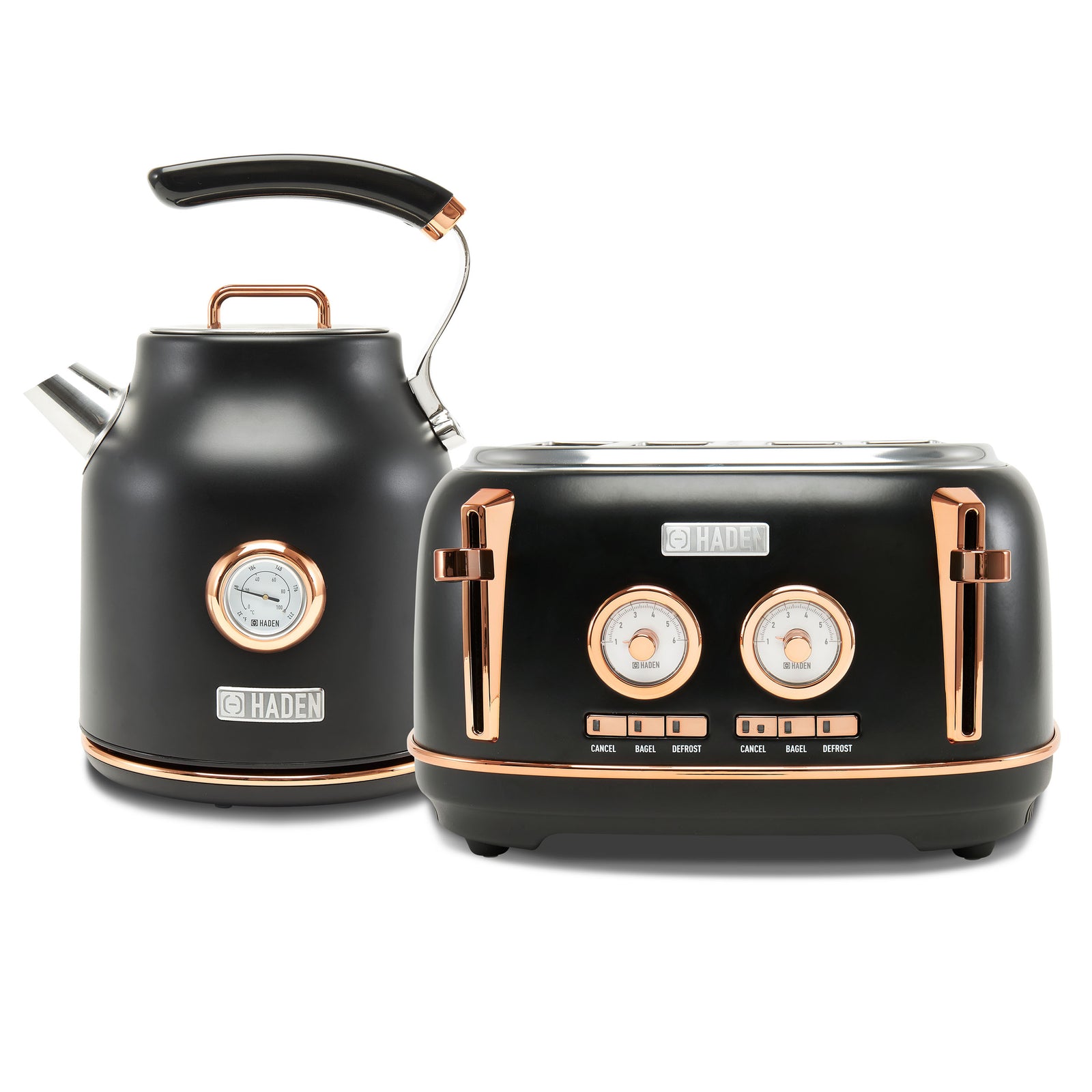 Haden Dorset Electric Water Kettle & 4 Slice Wide Slot Toaster, Black & Copper - VMInnovations