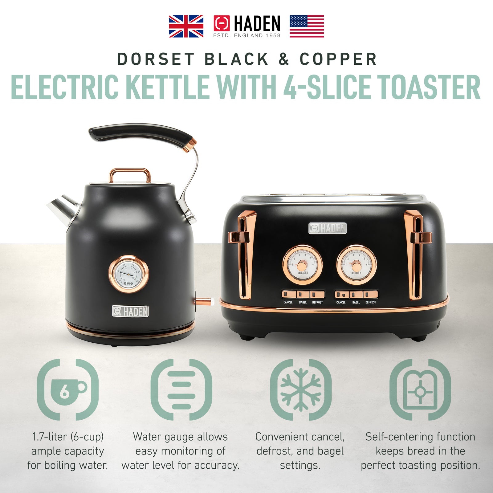 Haden Dorset Electric Water Kettle & 4 Slice Wide Slot Toaster, Black & Copper - VMInnovations