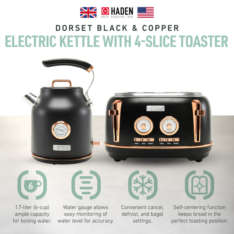 Haden Dorset Electric Water Kettle & 4 Slice Wide Slot Toaster, Black & Copper