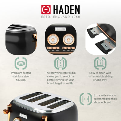 Haden Dorset Electric Water Kettle & 4 Slice Wide Slot Toaster, Black & Copper