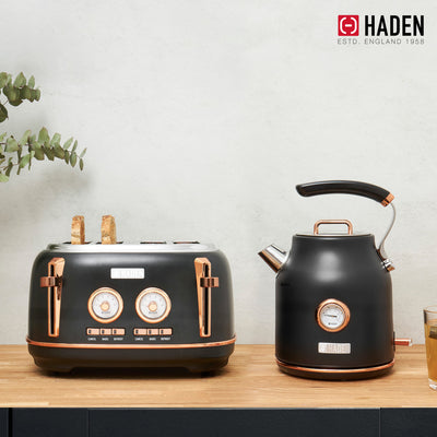 Haden Dorset Electric Water Kettle & 4 Slice Wide Slot Toaster, Black & Copper