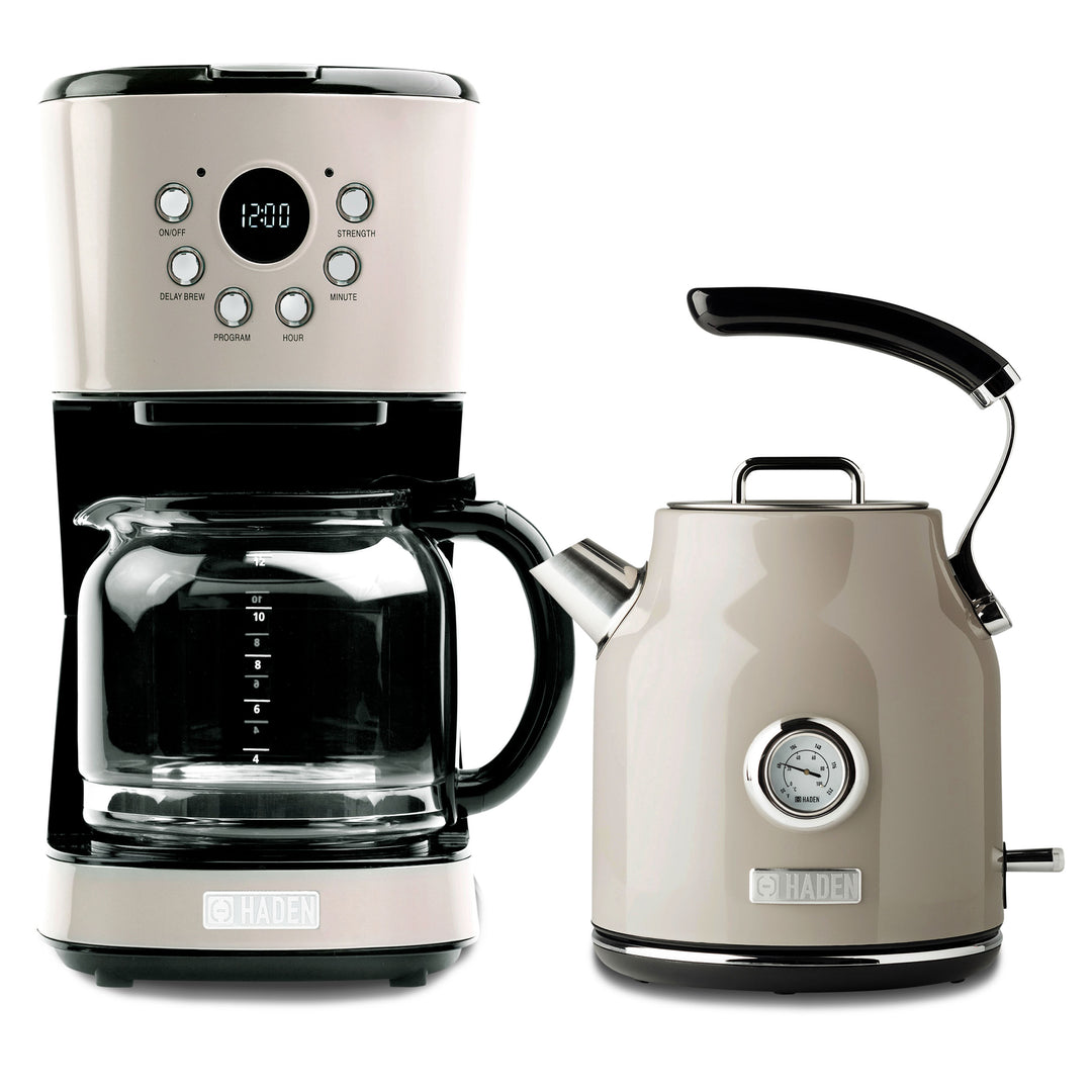 Haden 12 Cup Coffee Maker & Dorset 1.7L Electric Water Kettle, Putty & Chrome