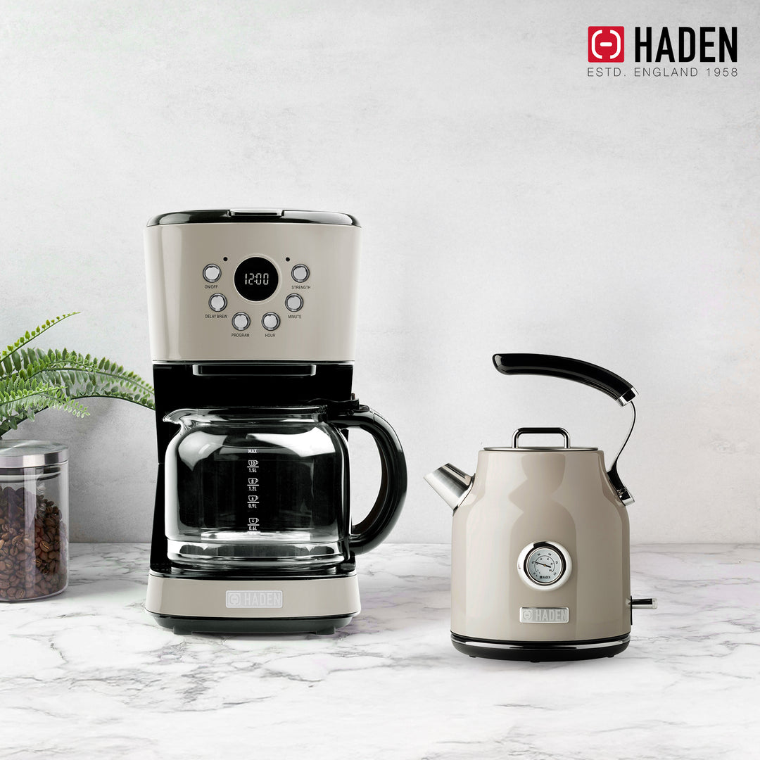 Haden 12 Cup Coffee Maker & Dorset 1.7L Electric Water Kettle, Putty & Chrome