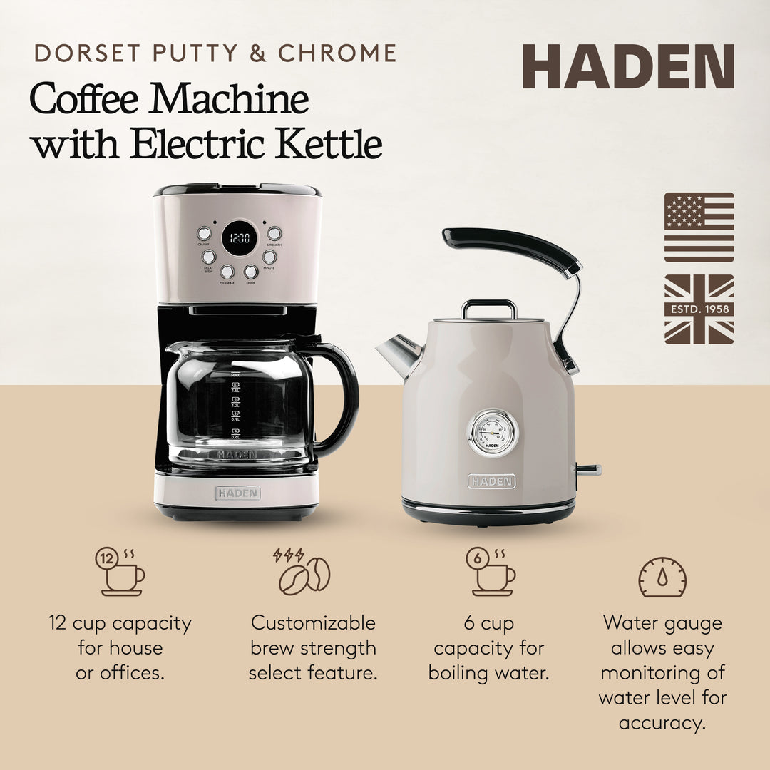 Haden 12 Cup Coffee Maker & Dorset 1.7L Electric Water Kettle, Putty & Chrome