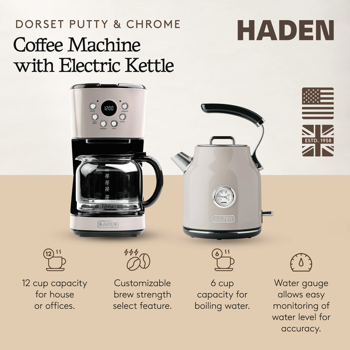 Haden 12 Cup Coffee Maker & Dorset 1.7L Electric Water Kettle, Putty & Chrome