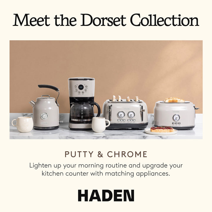 Haden 12 Cup Coffee Maker & Dorset 1.7L Electric Water Kettle, Putty & Chrome