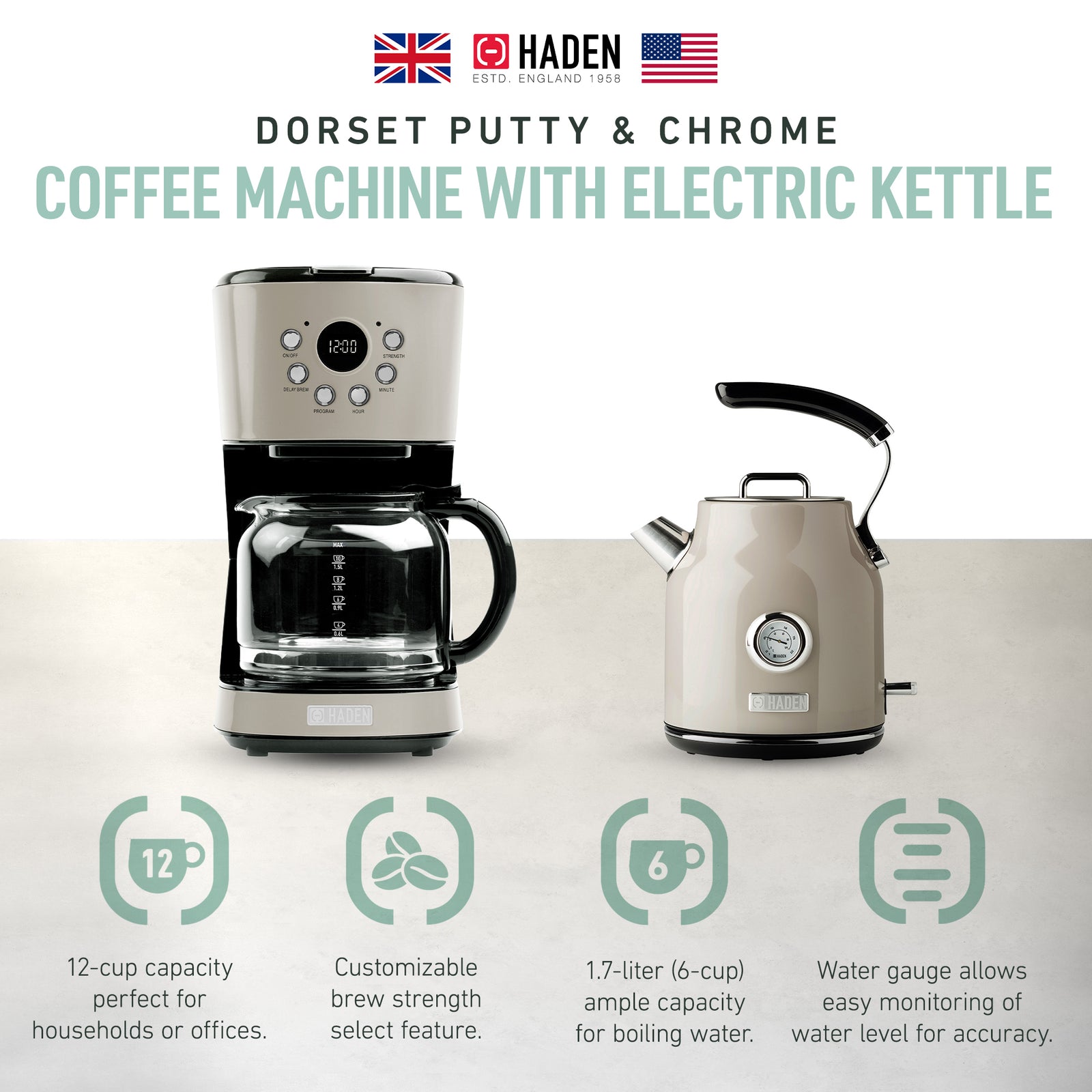 Haden 12 Cup Coffee Maker & Dorset 1.7L Electric Water Kettle, Putty & Chrome - VMInnovations
