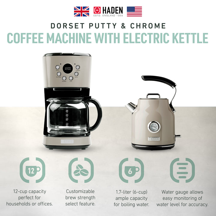 Haden 12 Cup Coffee Maker & Dorset 1.7L Electric Water Kettle, Putty & Chrome