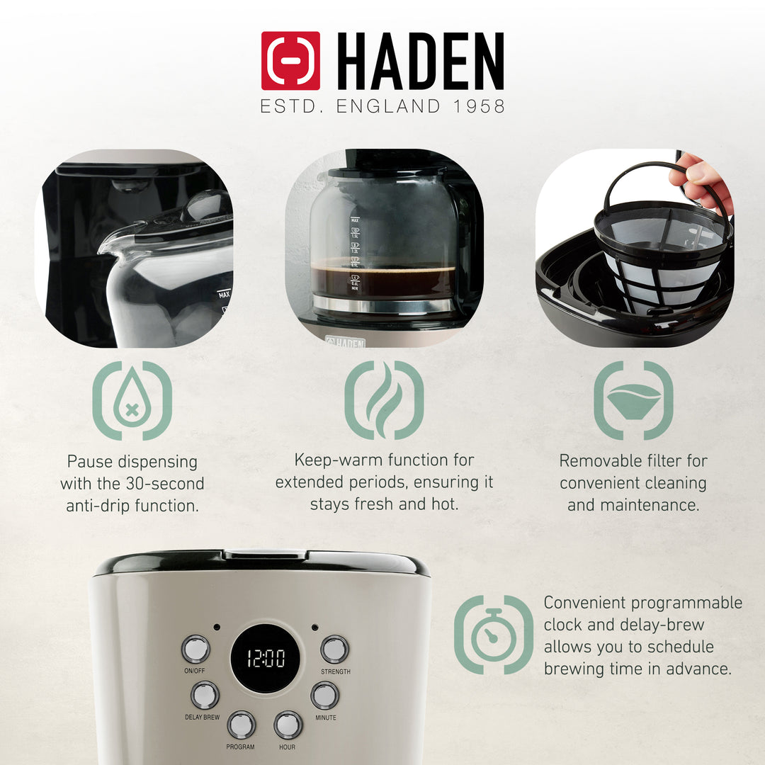 Haden 12 Cup Coffee Maker & Dorset 1.7L Electric Water Kettle, Putty & Chrome