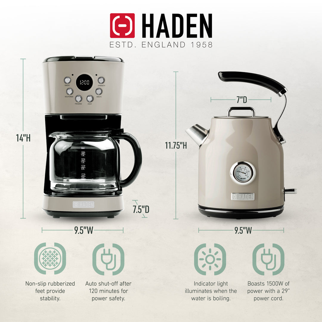 Haden 12 Cup Coffee Maker & Dorset 1.7L Electric Water Kettle, Putty & Chrome