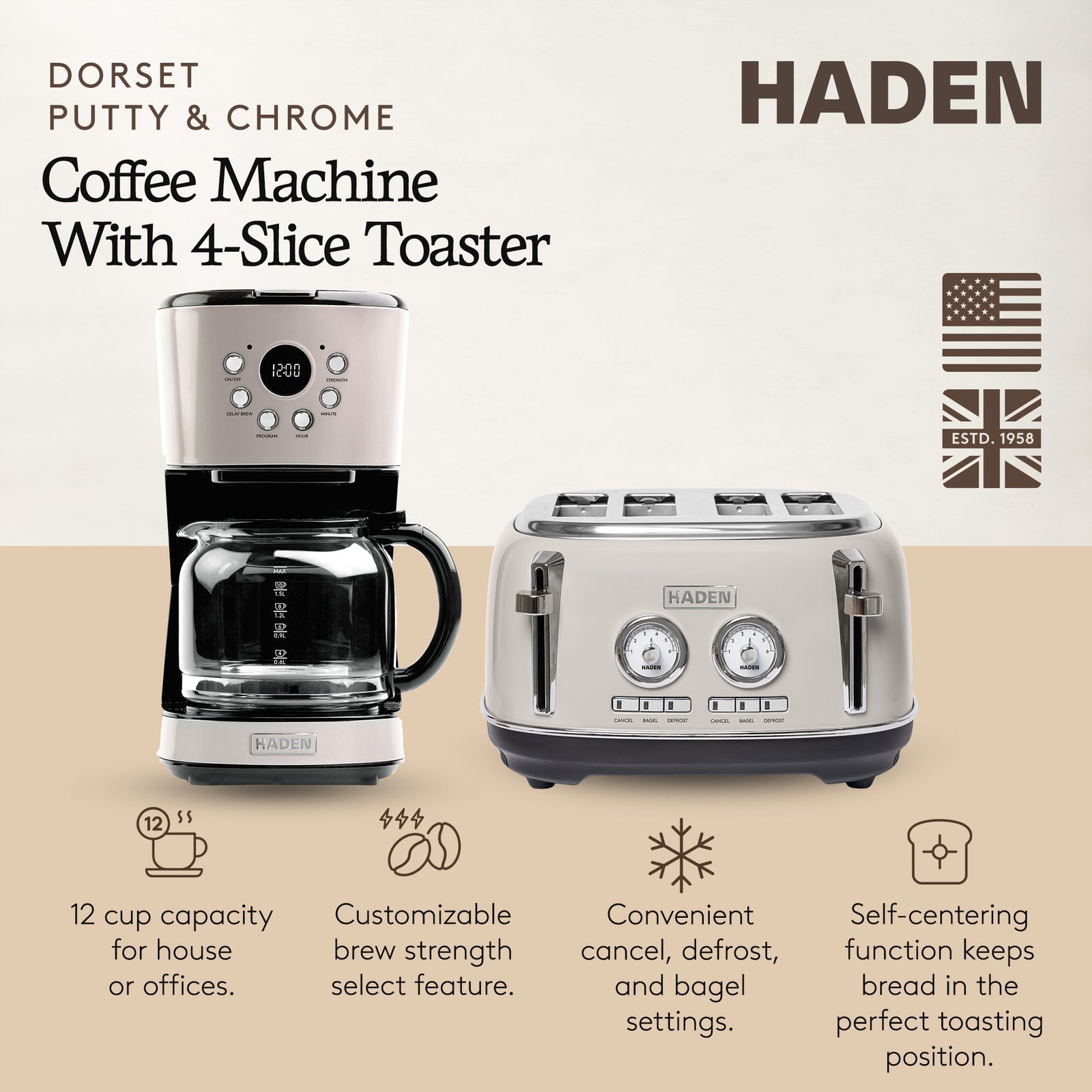 Haden Dorset 12 Cup Coffee Maker & 4 Slice Wide Slot Toaster, Putty & Chrome - VMInnovations