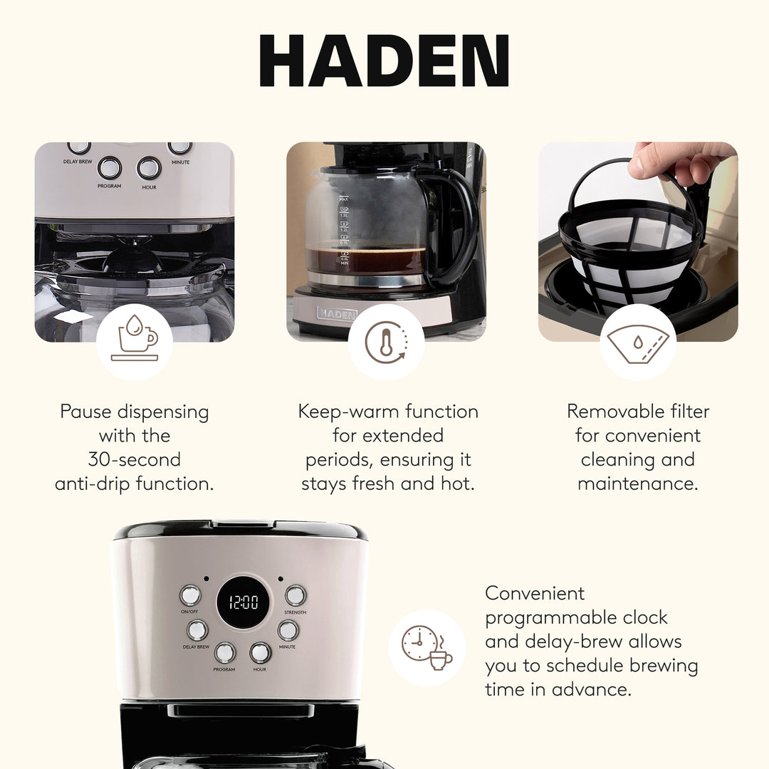Haden Dorset 12 Cup Coffee Maker & 4 Slice Wide Slot Toaster, Putty & Chrome - VMInnovations