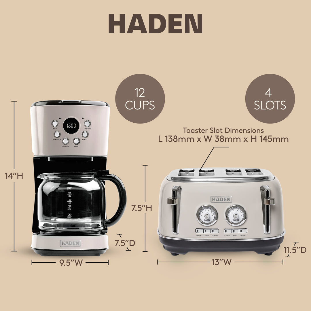 Haden Dorset 12 Cup Coffee Maker & 4 Slice Wide Slot Toaster, Putty & Chrome - VMInnovations