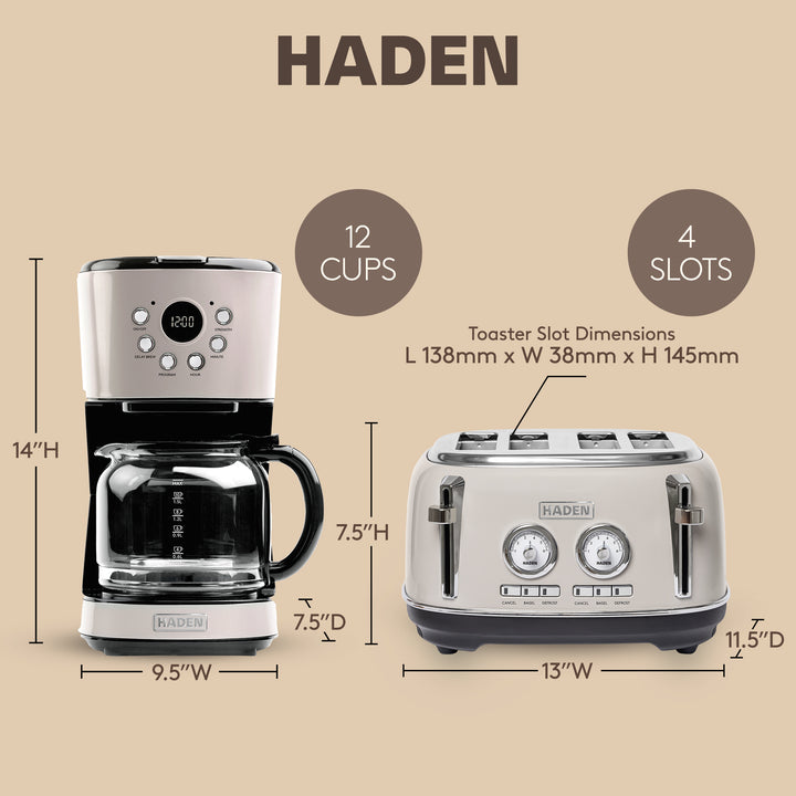 Haden Dorset 12 Cup Coffee Maker & 4 Slice Wide Slot Toaster, Putty & Chrome - VMInnovations