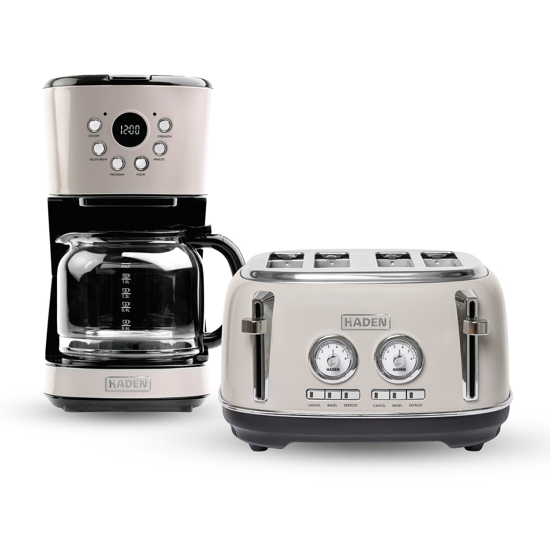 Haden Dorset 12 Cup Coffee Maker & 4 Slice Wide Slot Toaster, Putty & Chrome - VMInnovations