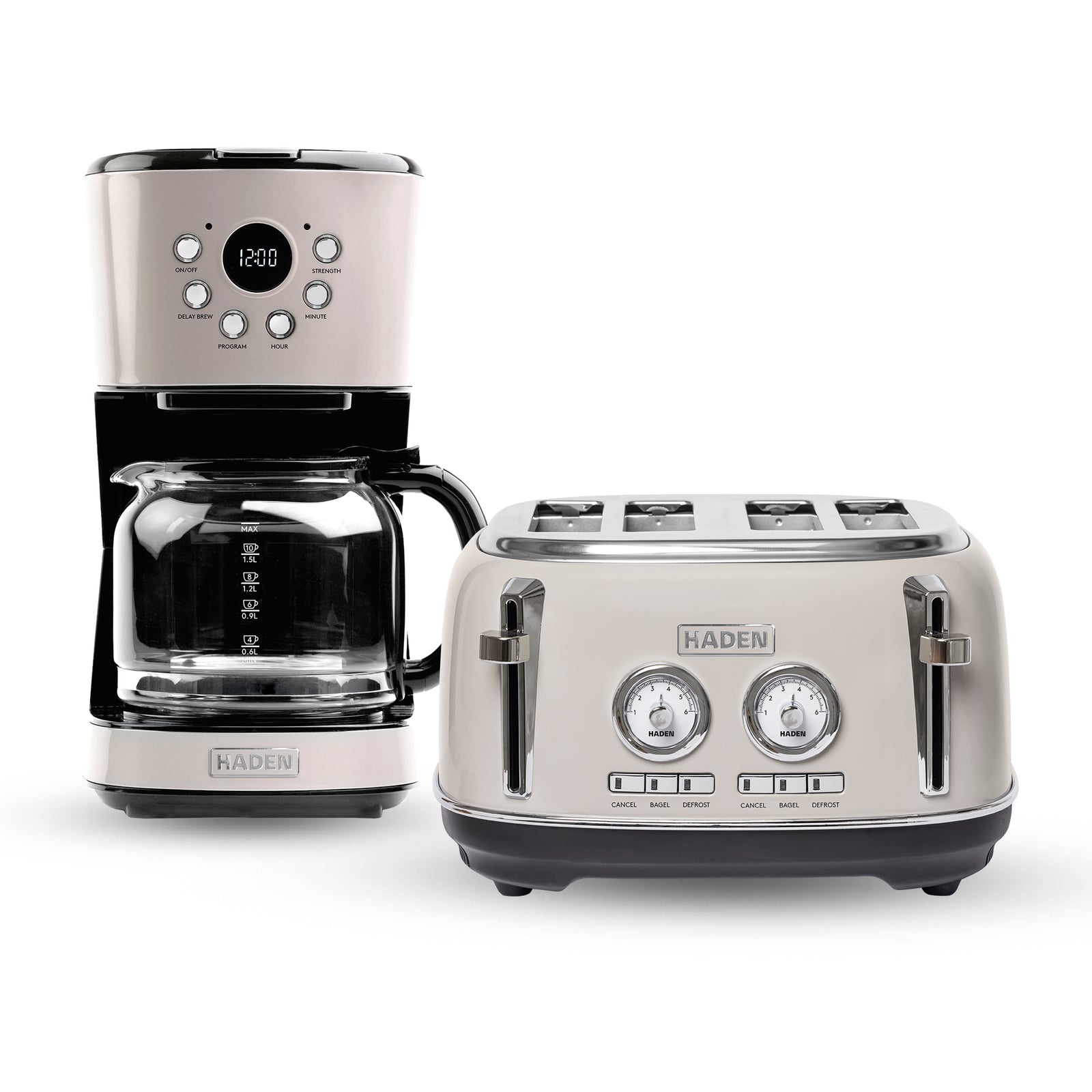Haden Dorset 12 Cup Coffee Maker & 4 Slice Wide Slot Toaster, Putty & Chrome - VMInnovations