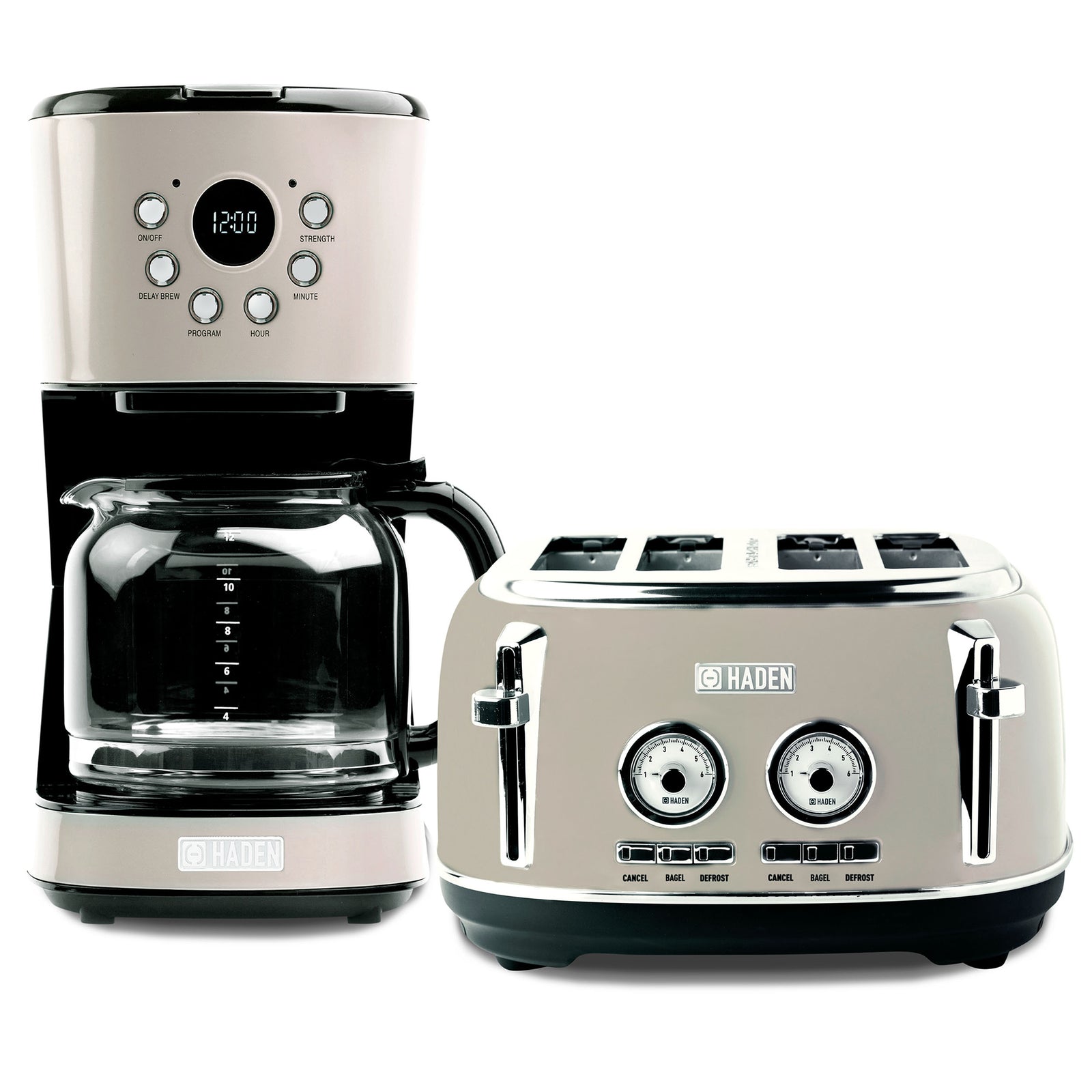 Haden Dorset 12 Cup Coffee Maker & 4 Slice Wide Slot Toaster, Putty & Chrome - VMInnovations