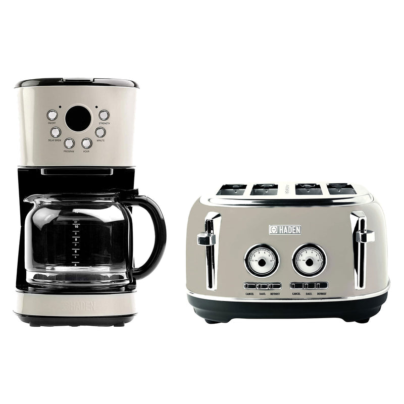 Haden Dorset 12 Cup Coffee Maker & 4 Slice Wide Slot Toaster, Putty & Chrome