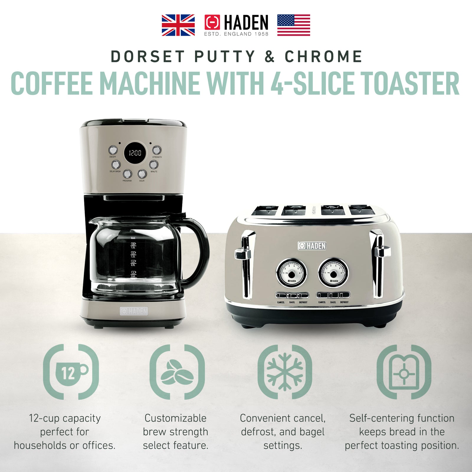 Haden Dorset 12 Cup Coffee Maker & 4 Slice Wide Slot Toaster, Putty & Chrome - VMInnovations