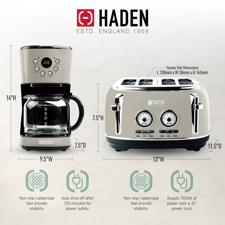 Haden Dorset 12 Cup Coffee Maker & 4 Slice Wide Slot Toaster, Putty & Chrome