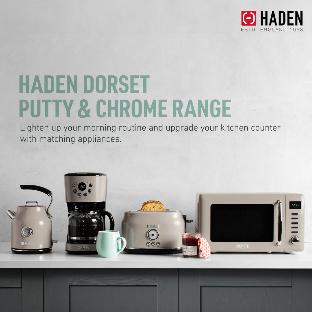 Haden Dorset 12 Cup Coffee Maker & 4 Slice Wide Slot Toaster, Putty & Chrome