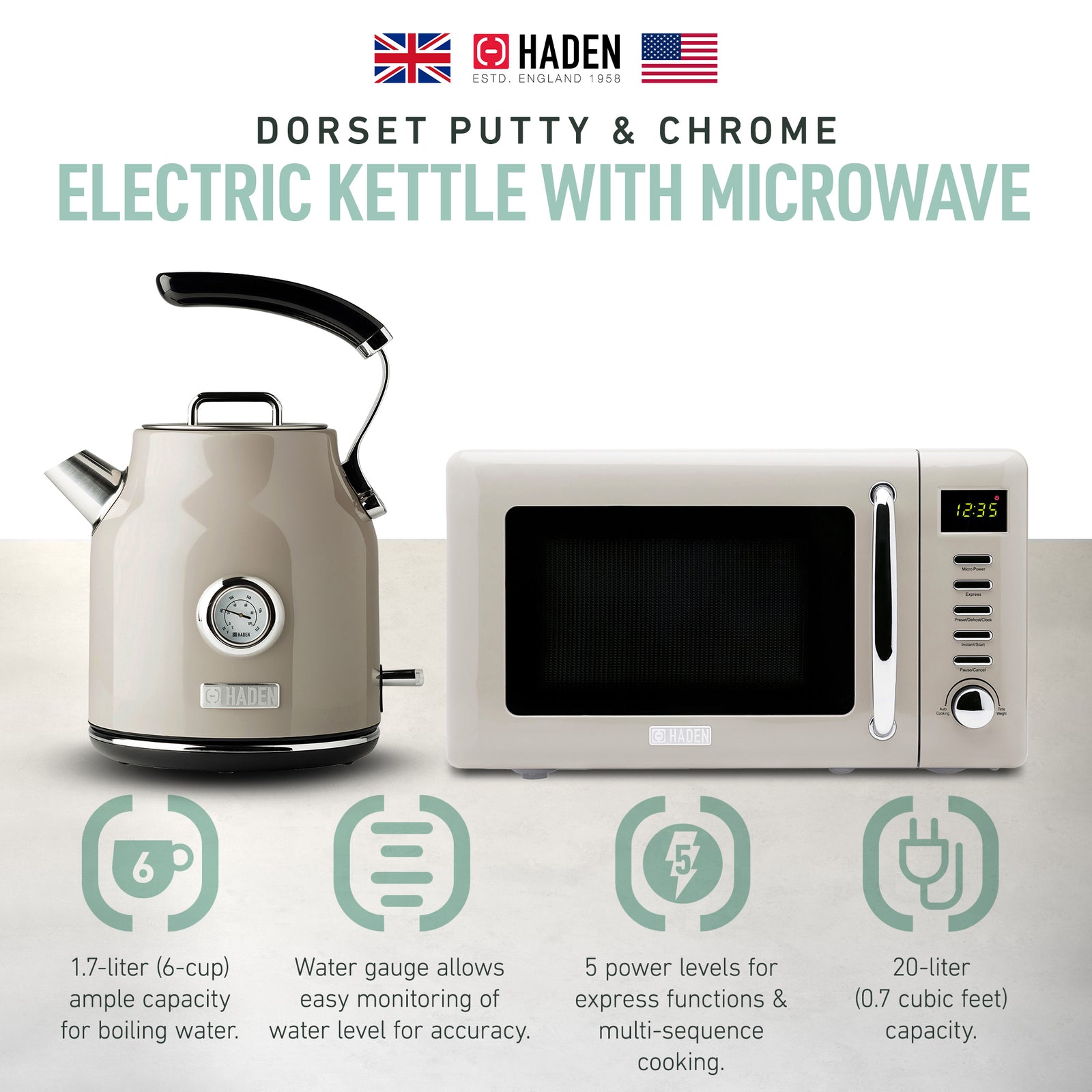 Haden 700W Countertop Microwave & Dorset 1.7L Electric Kettle, Putty & Chrome - VMInnovations