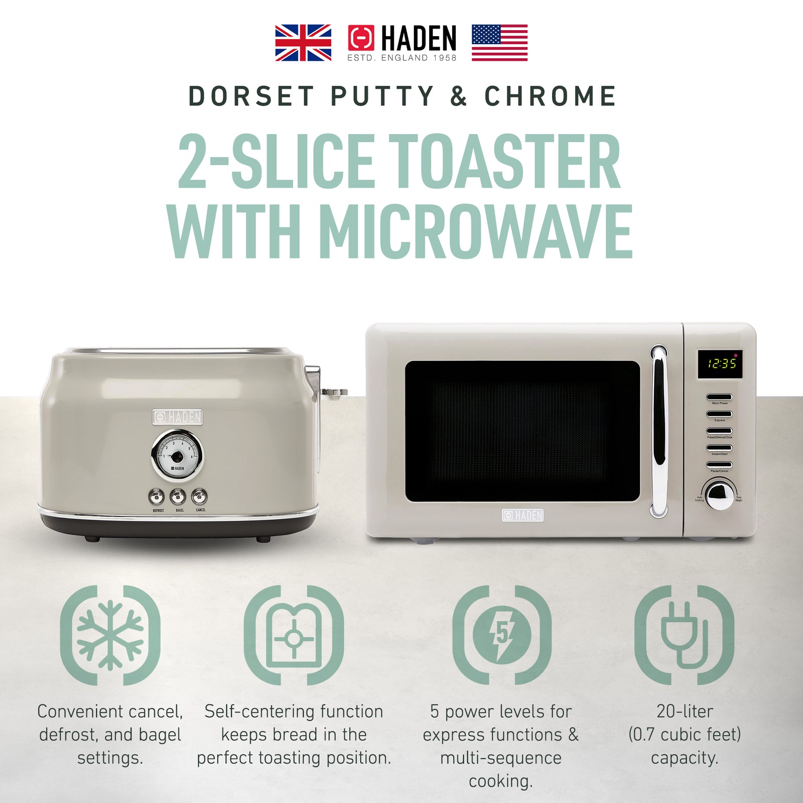 Haden Countertop Microwave & Dorset 2 Slice Wide Slot Toaster, Putty & Chrome - VMInnovations