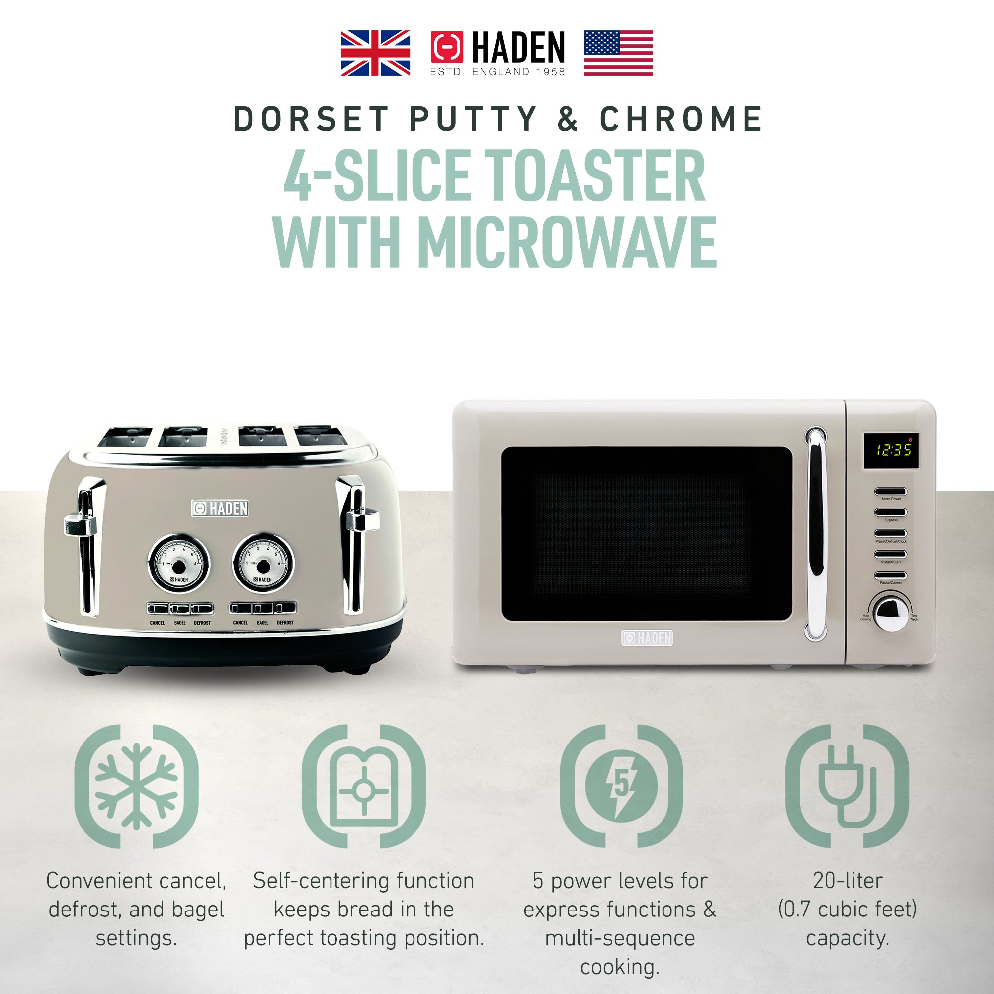 Haden Countertop Microwave & Dorset 4 Slice Wide Slot Toaster, Putty & Chrome