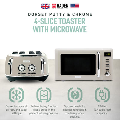 Haden Countertop Microwave & Dorset 4 Slice Wide Slot Toaster, Putty & Chrome