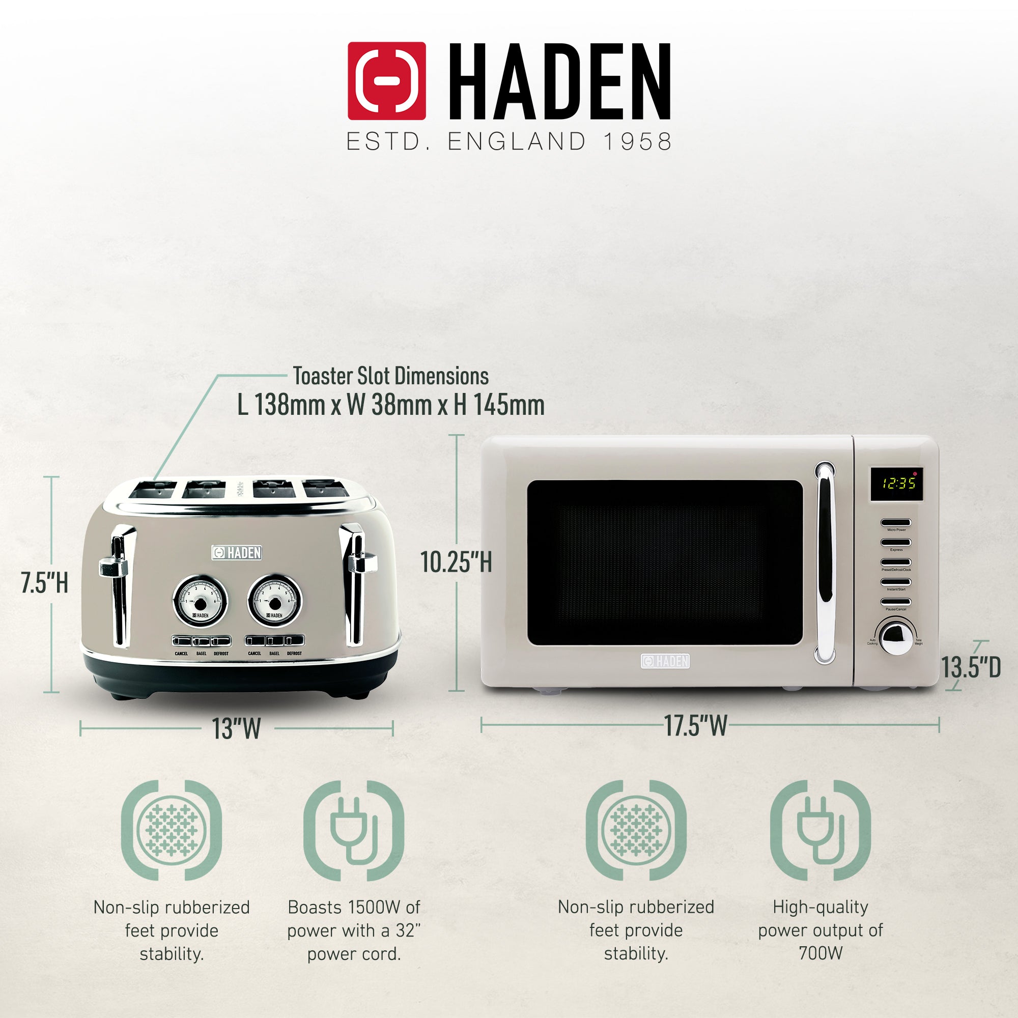 Haden Countertop Microwave & Dorset 4 Slice Wide Slot Toaster, Putty & Chrome
