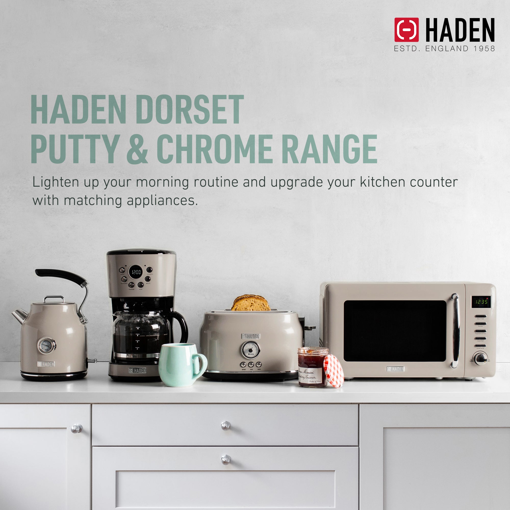 Haden Countertop Microwave & Dorset 4 Slice Wide Slot Toaster, Putty & Chrome