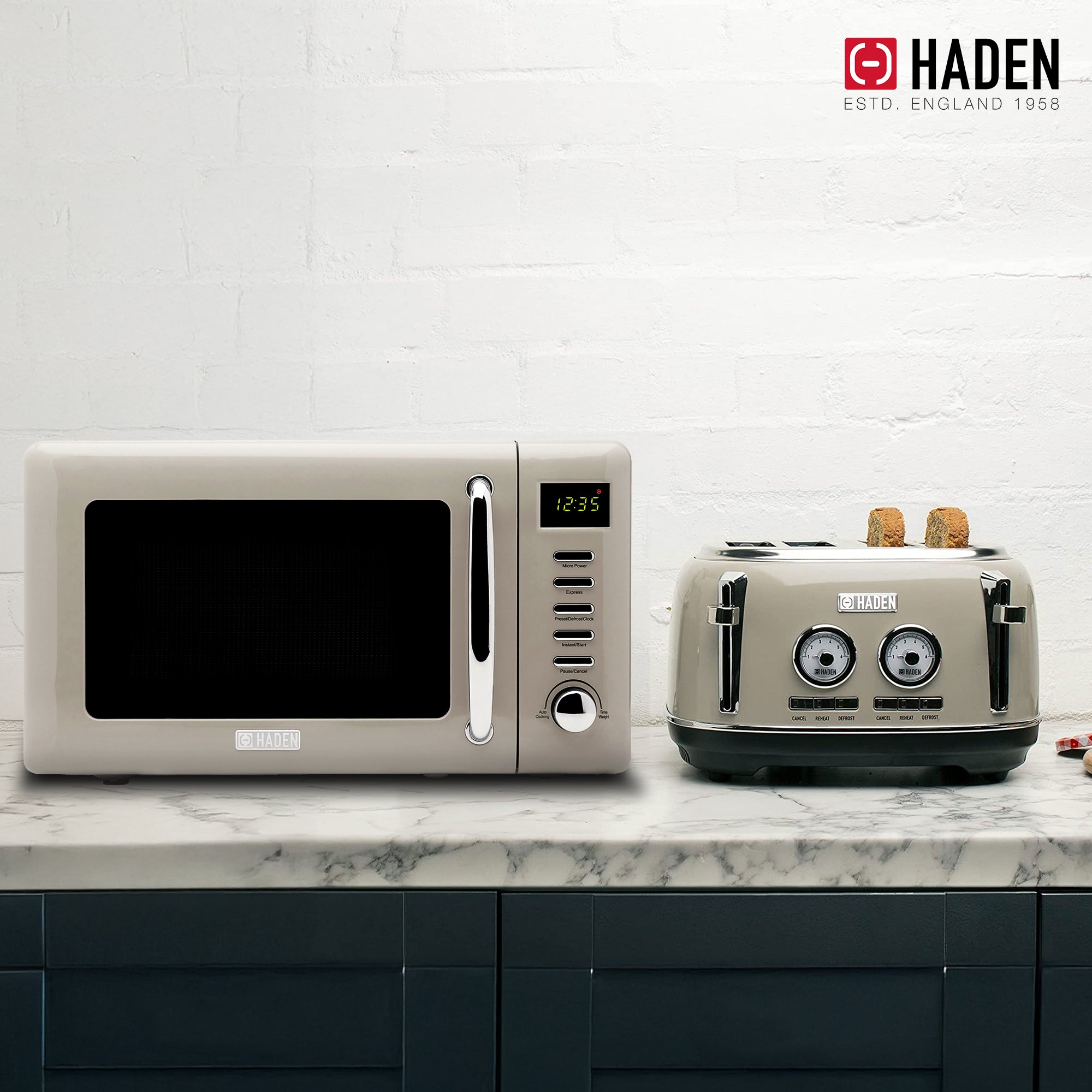Haden Countertop Microwave & Dorset 4 Slice Wide Slot Toaster, Putty & Chrome