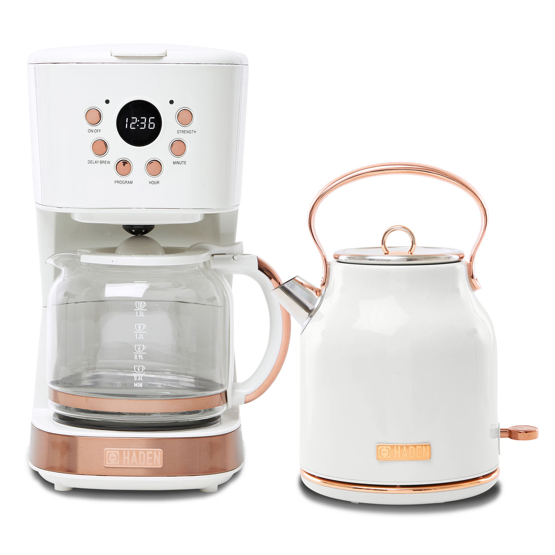 Haden 12 Cup Coffee Maker & Heritage 1.7 Liter Electric Kettle, Ivory & Copper