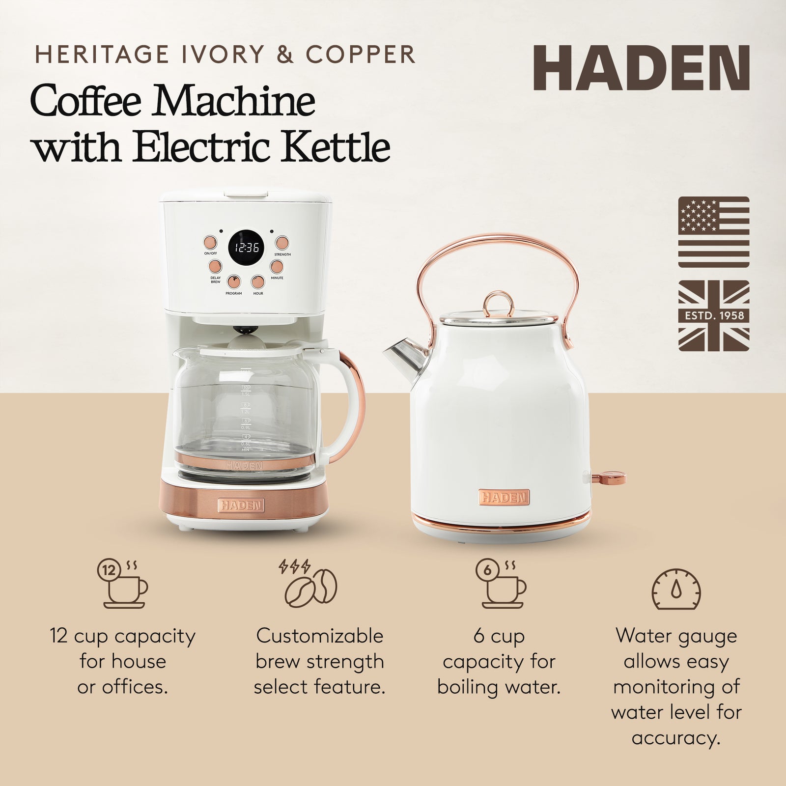 Haden 12 Cup Coffee Maker & Heritage 1.7 Liter Electric Kettle, Ivory & Copper - VMInnovations