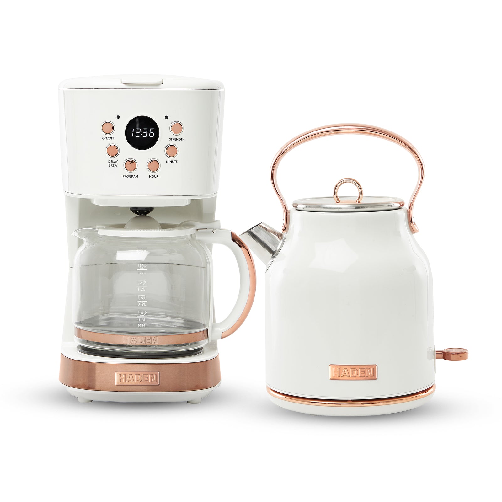 Haden 12 Cup Coffee Maker & Heritage 1.7 Liter Electric Kettle, Ivory & Copper - VMInnovations