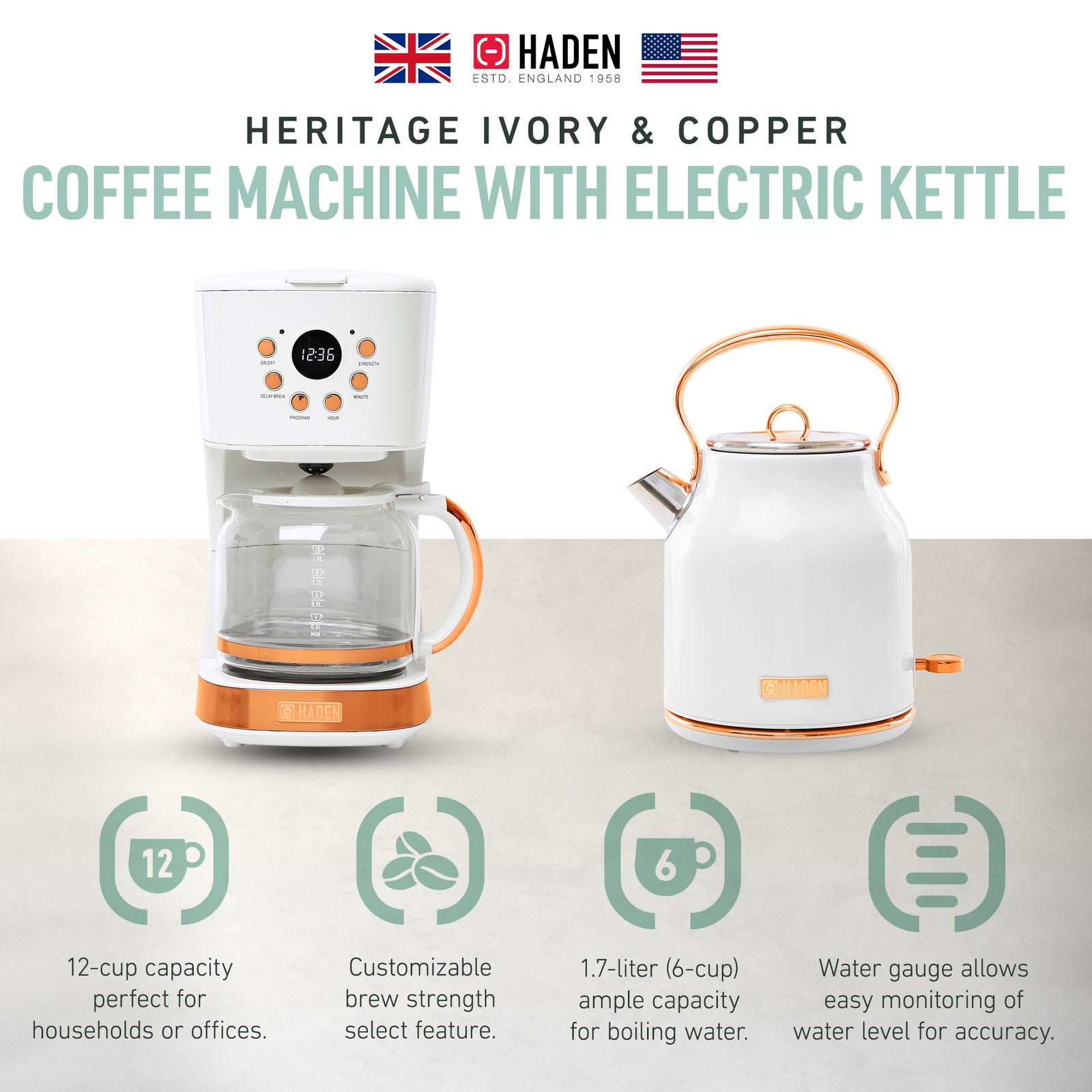 Haden 12 Cup Coffee Maker & Heritage 1.7 Liter Electric Kettle, Ivory & Copper - VMInnovations
