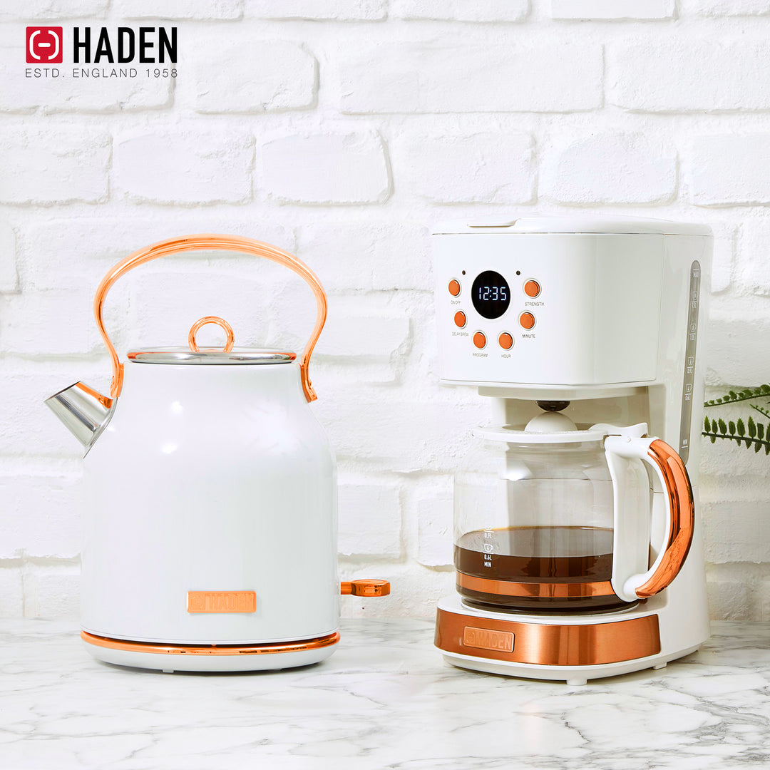 Haden 12 Cup Coffee Maker & Heritage 1.7 Liter Electric Kettle, Ivory & Copper