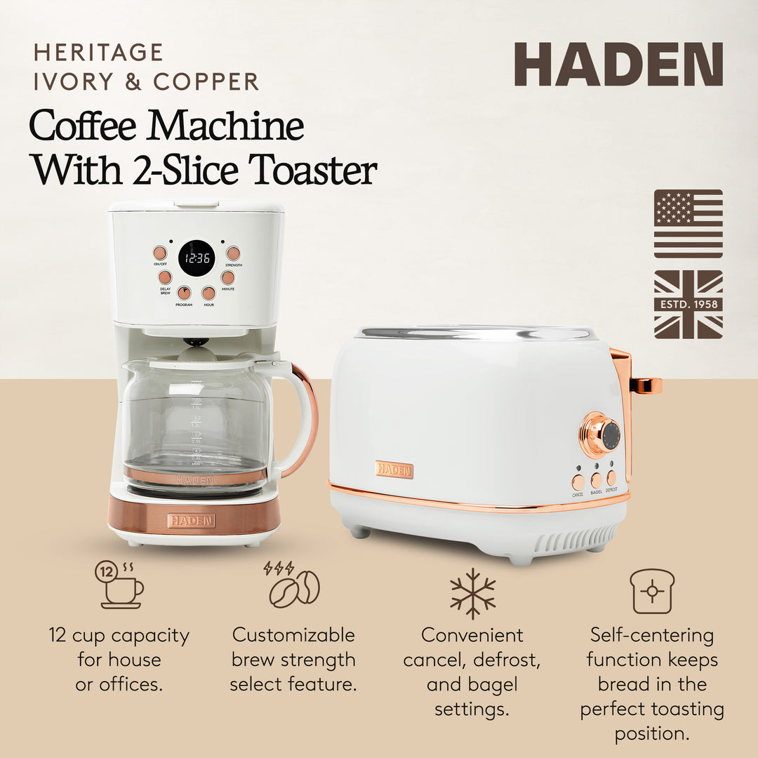 Haden Heritage 2 Slice Wide Slot Toaster & 12 Cup Coffee Maker, Ivory & Copper - VMInnovations