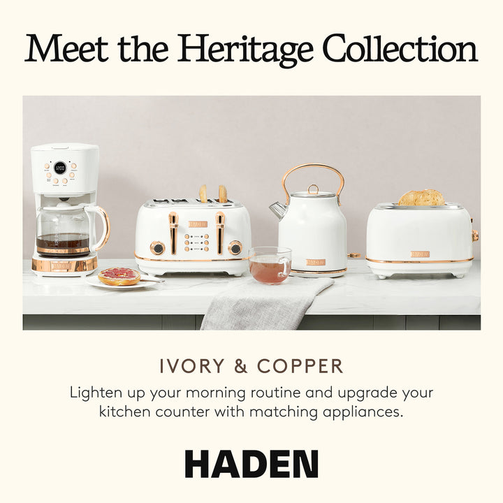 Haden Heritage 2 Slice Wide Slot Toaster & 12 Cup Coffee Maker, Ivory & Copper - VMInnovations
