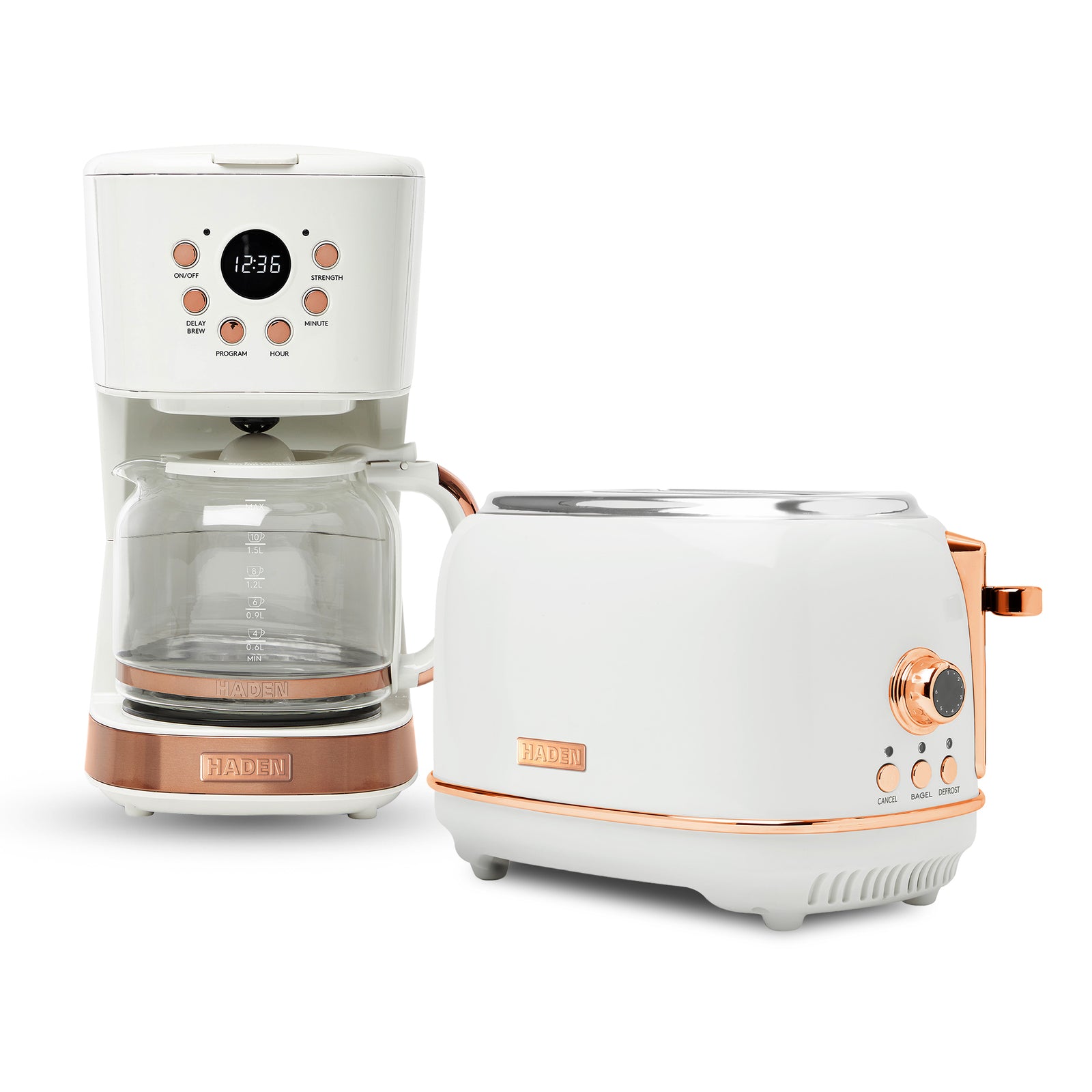 Haden Heritage 2 Slice Wide Slot Toaster & 12 Cup Coffee Maker, Ivory & Copper - VMInnovations