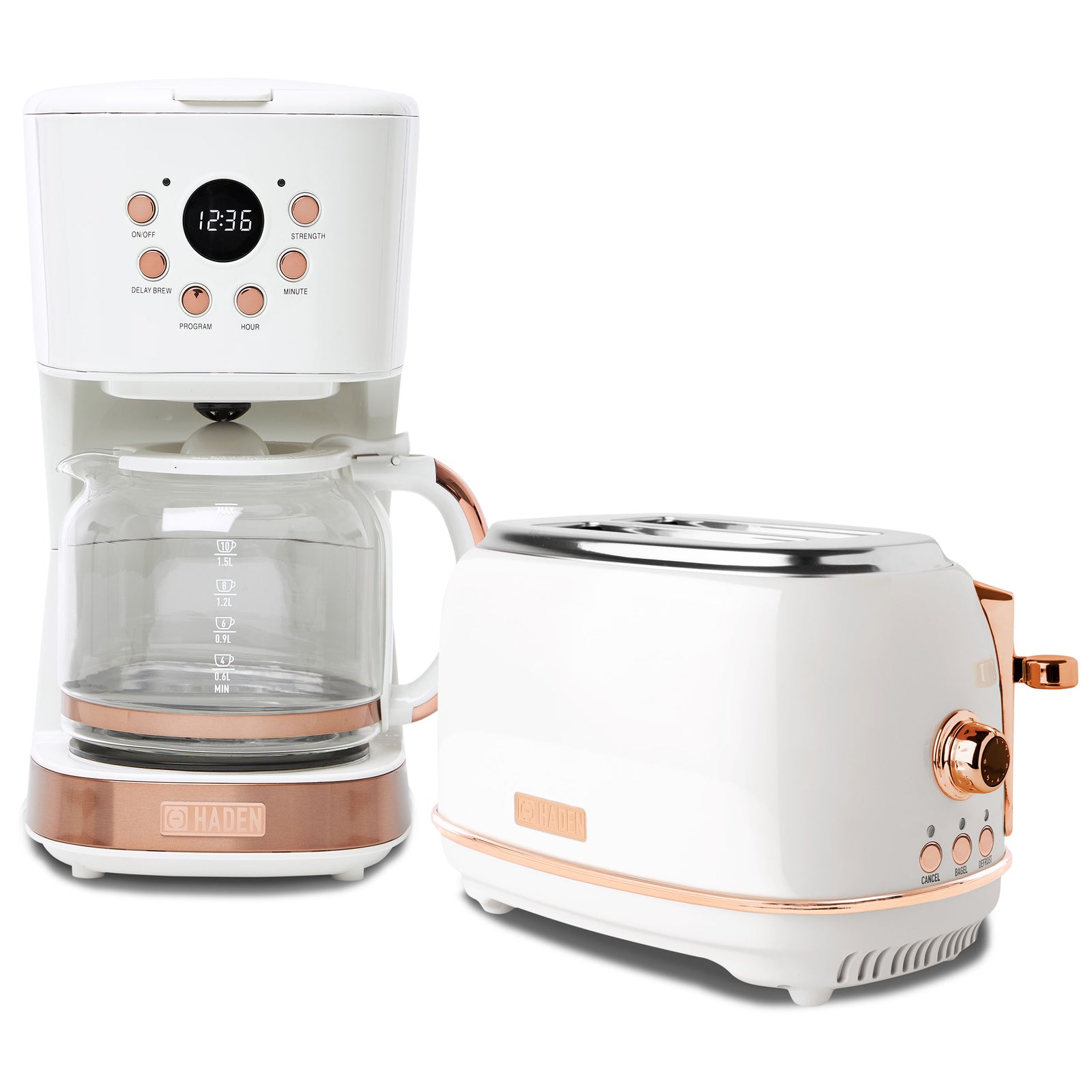 Haden Heritage 2 Slice Wide Slot Toaster & 12 Cup Coffee Maker, Ivory & Copper - VMInnovations