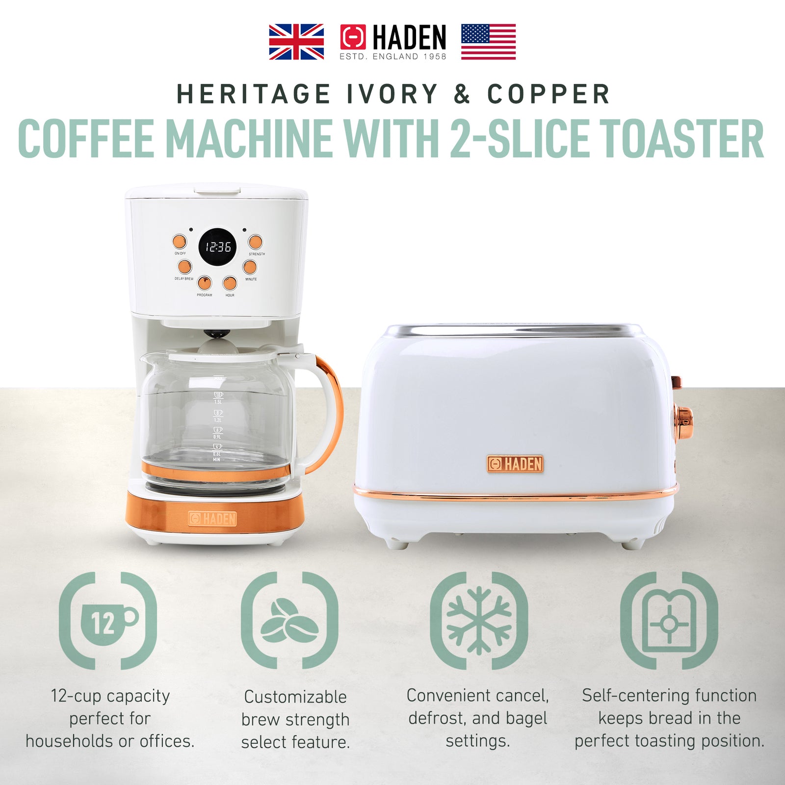 Haden Heritage 2 Slice Wide Slot Toaster & 12 Cup Coffee Maker, Ivory & Copper - VMInnovations