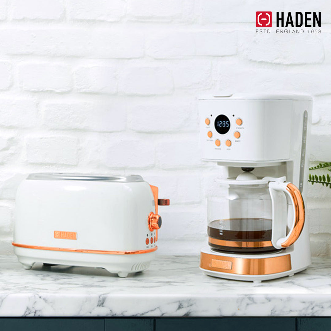 Haden Heritage 2 Slice Wide Slot Toaster & 12 Cup Coffee Maker, Ivory & Copper