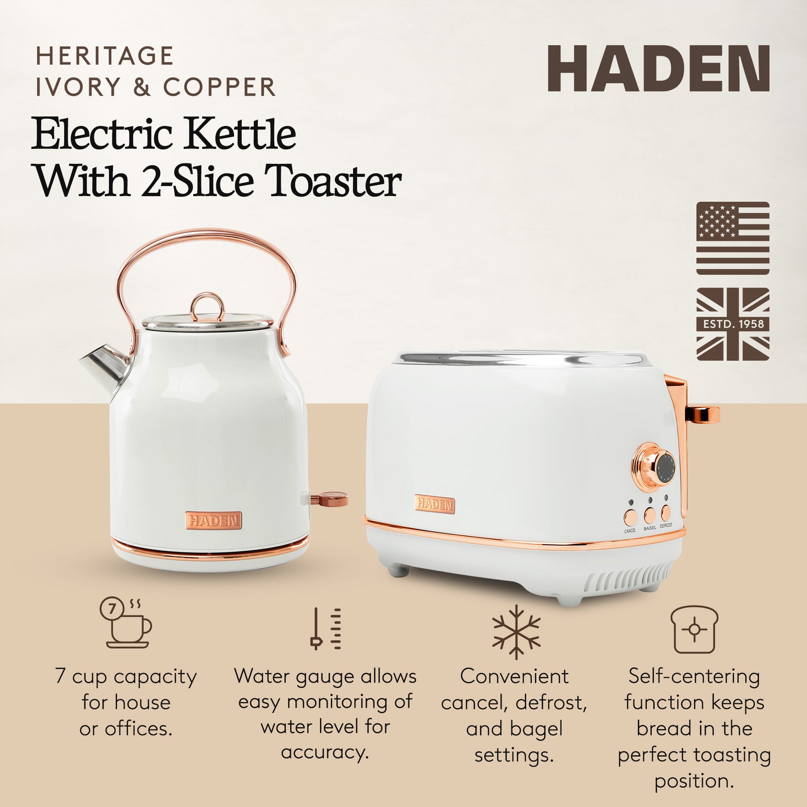 Haden Heritage 2 Slice Wide Slot Toaster & Electric Water Kettle, Ivory & Copper - VMInnovations