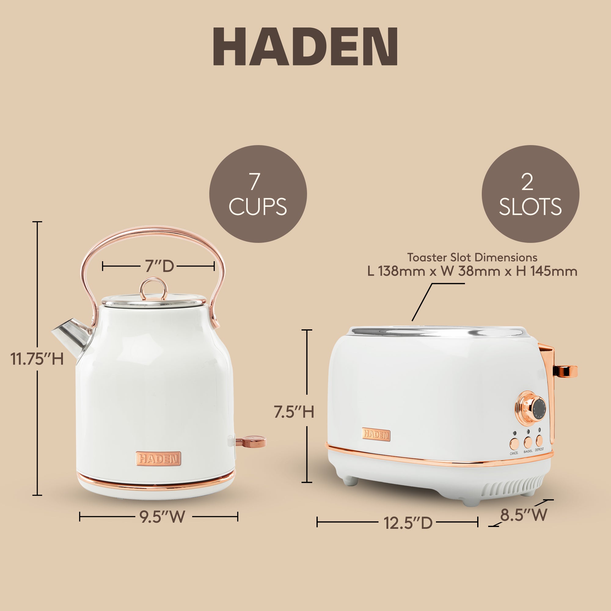 Haden Heritage 2 Slice Wide Slot Toaster & Electric Water Kettle, Ivory & Copper - VMInnovations