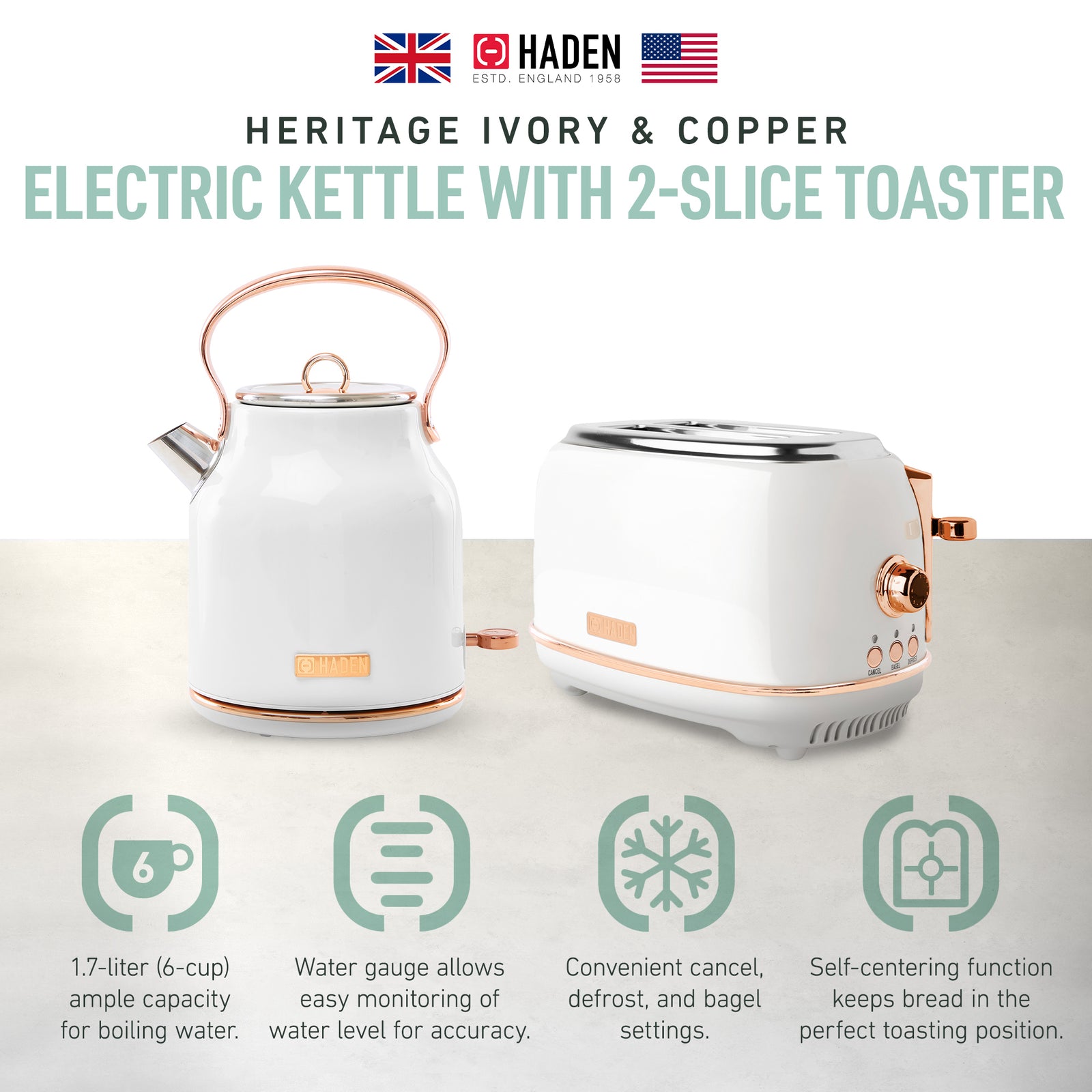 Haden Heritage 2 Slice Wide Slot Toaster & Electric Water Kettle, Ivory & Copper - VMInnovations
