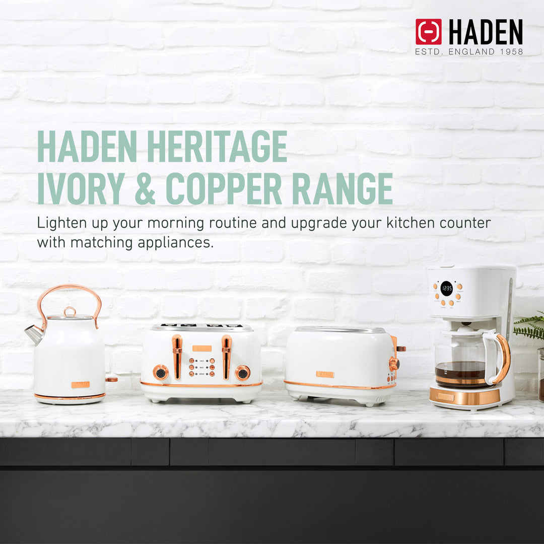 Haden Heritage 2 Slice Wide Slot Toaster & Electric Water Kettle, Ivory & Copper