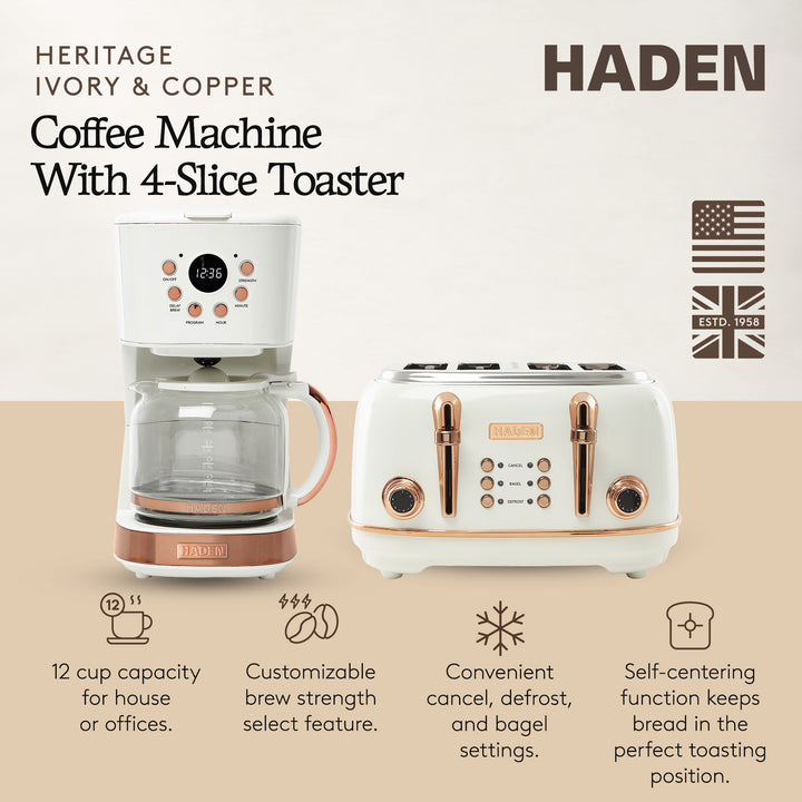 Haden Heritage 4 Slice Wide Slot Toaster & 12 Cup Coffee Maker, Ivory & Copper - VMInnovations